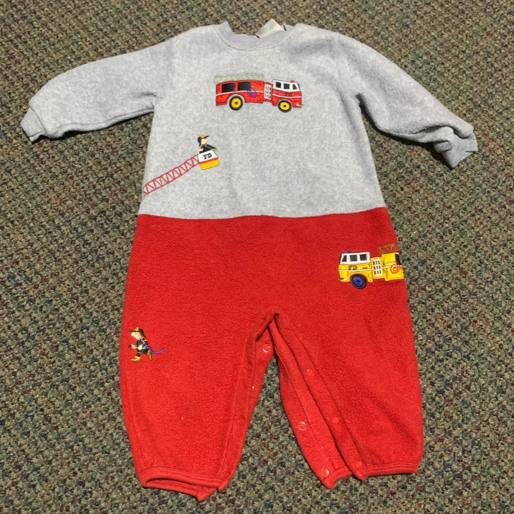 Vintage Firetruck Embroidered Baby Onepiece